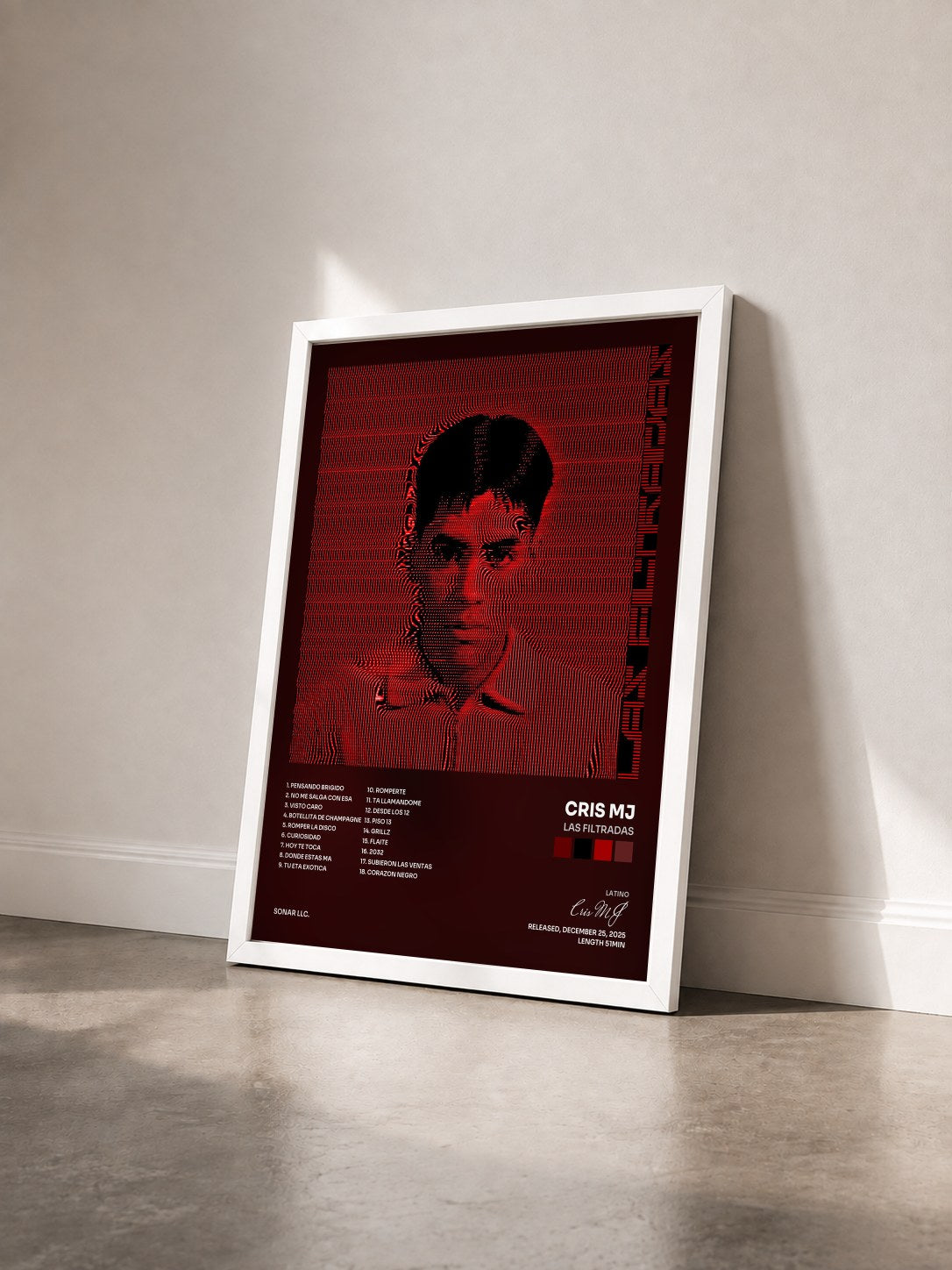 #blanc Tableau de l'album LAS FILTRADAS de Cris MJ vu de trois quarts, cadre blanc
