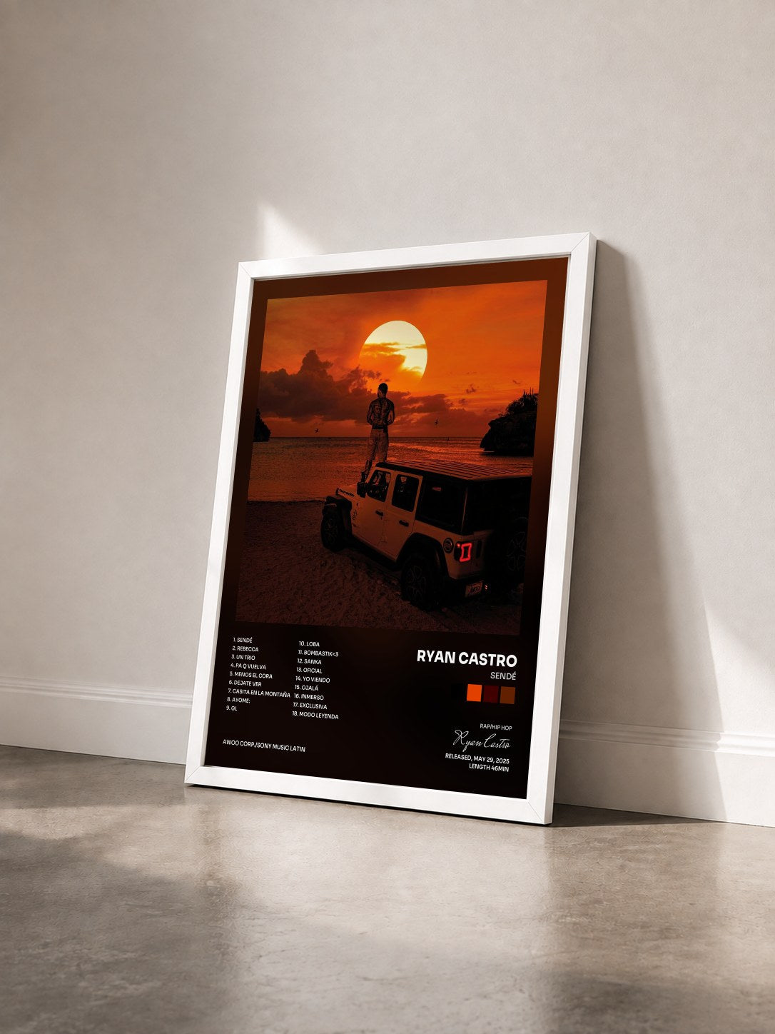 #blanc Tableau de l'album SENDÉ de Ryan Castro vu de trois quarts, cadre blanc