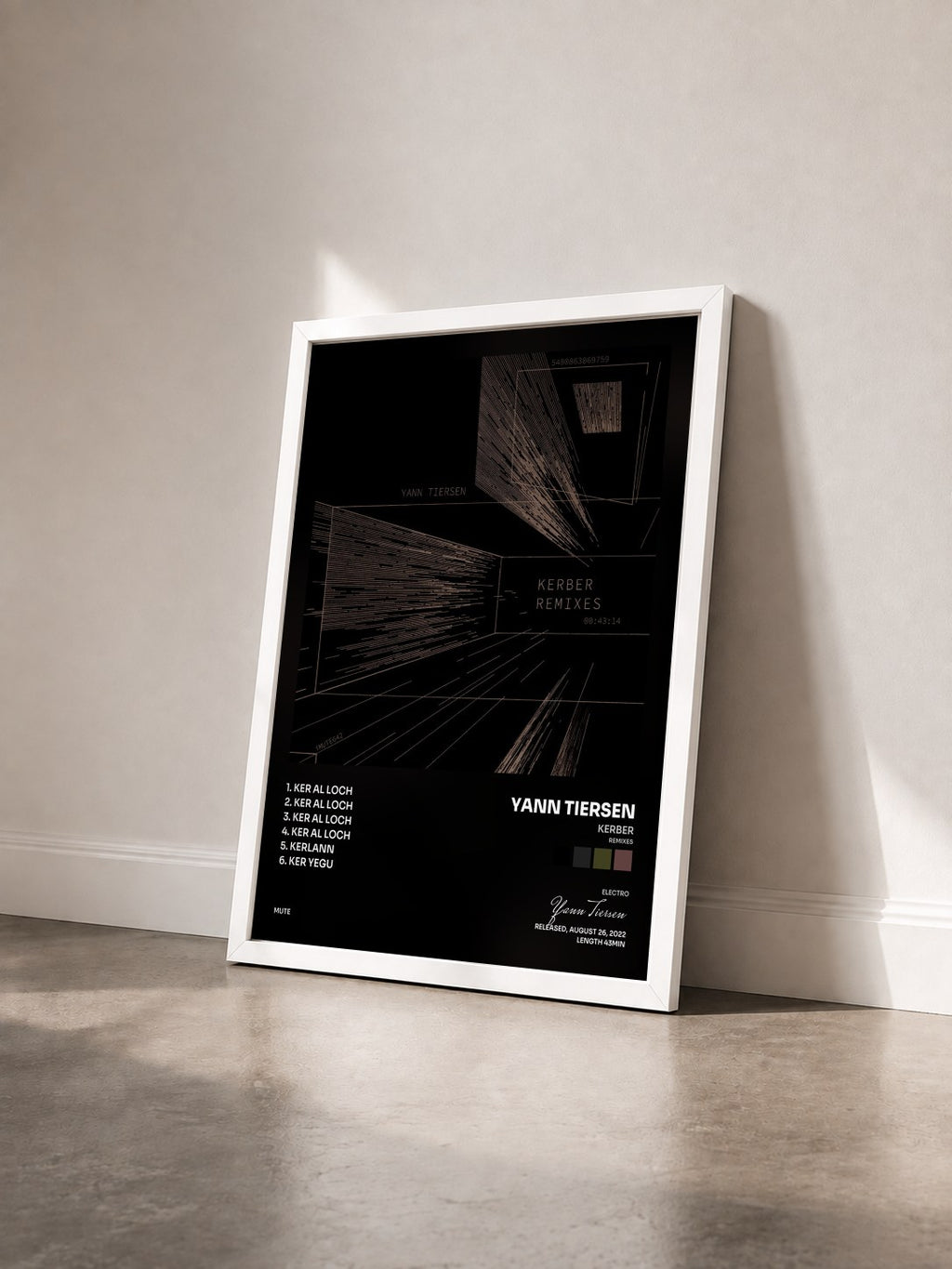 #blanc Tableau de l'album Kerber (Remixes) de Yann Tiersen vu de trois quarts, cadre blanc