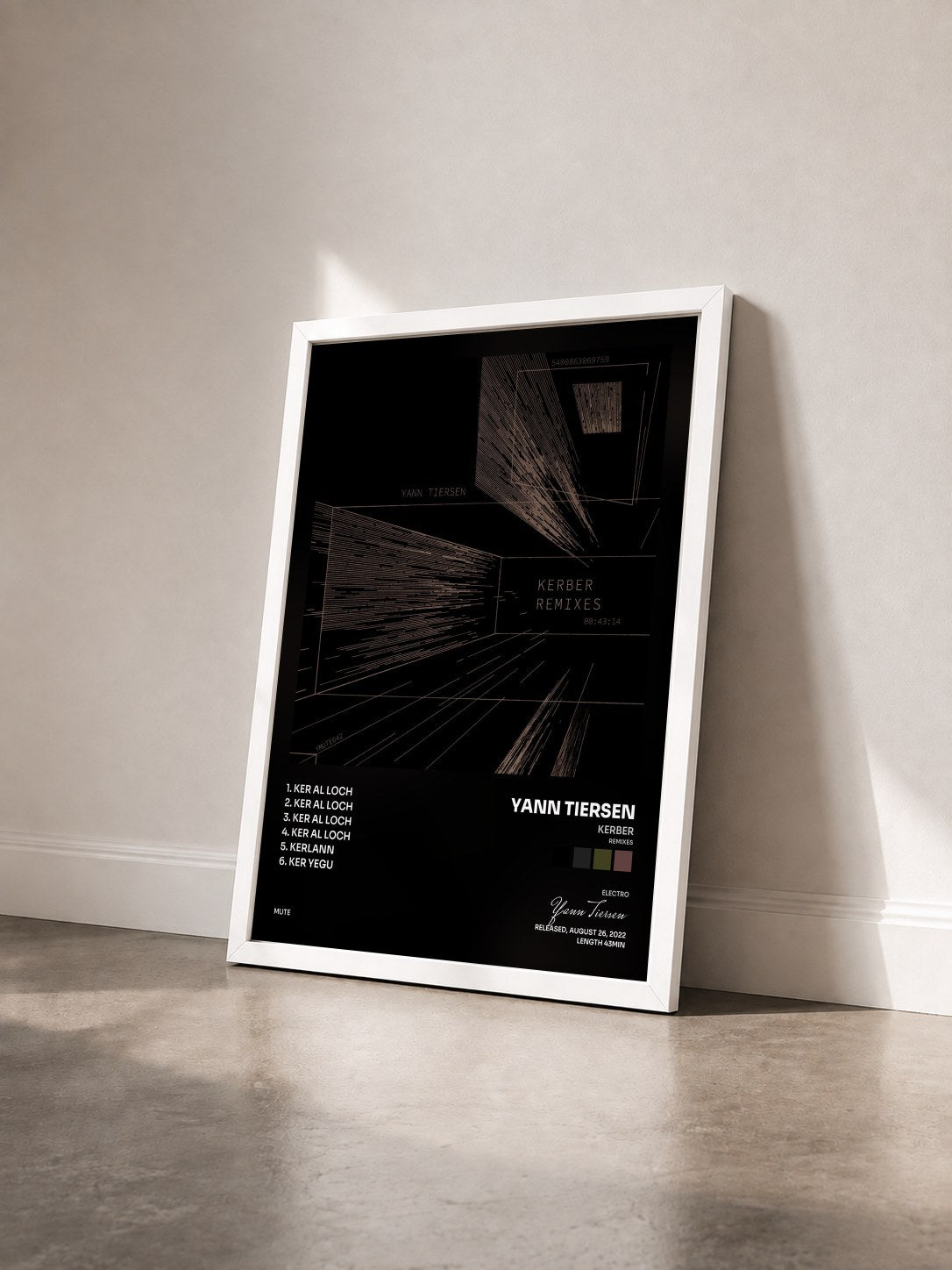 #blanc Tableau de l'album Kerber (Remixes) de Yann Tiersen vu de trois quarts, cadre blanc