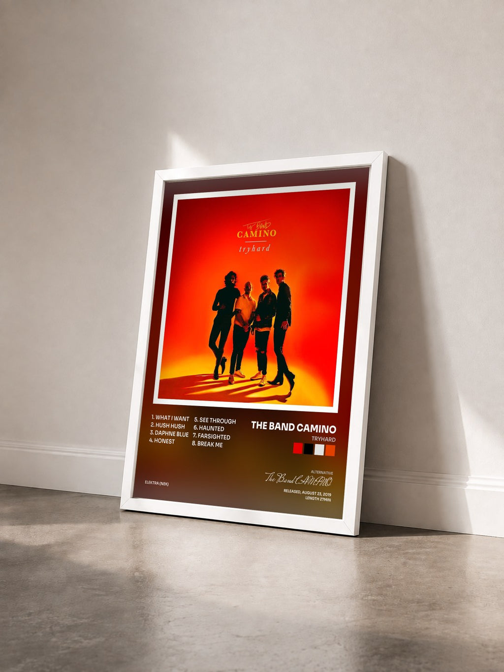 #blanc Tableau de l'album tryhard de The Band CAMINO vu de trois quarts, cadre blanc