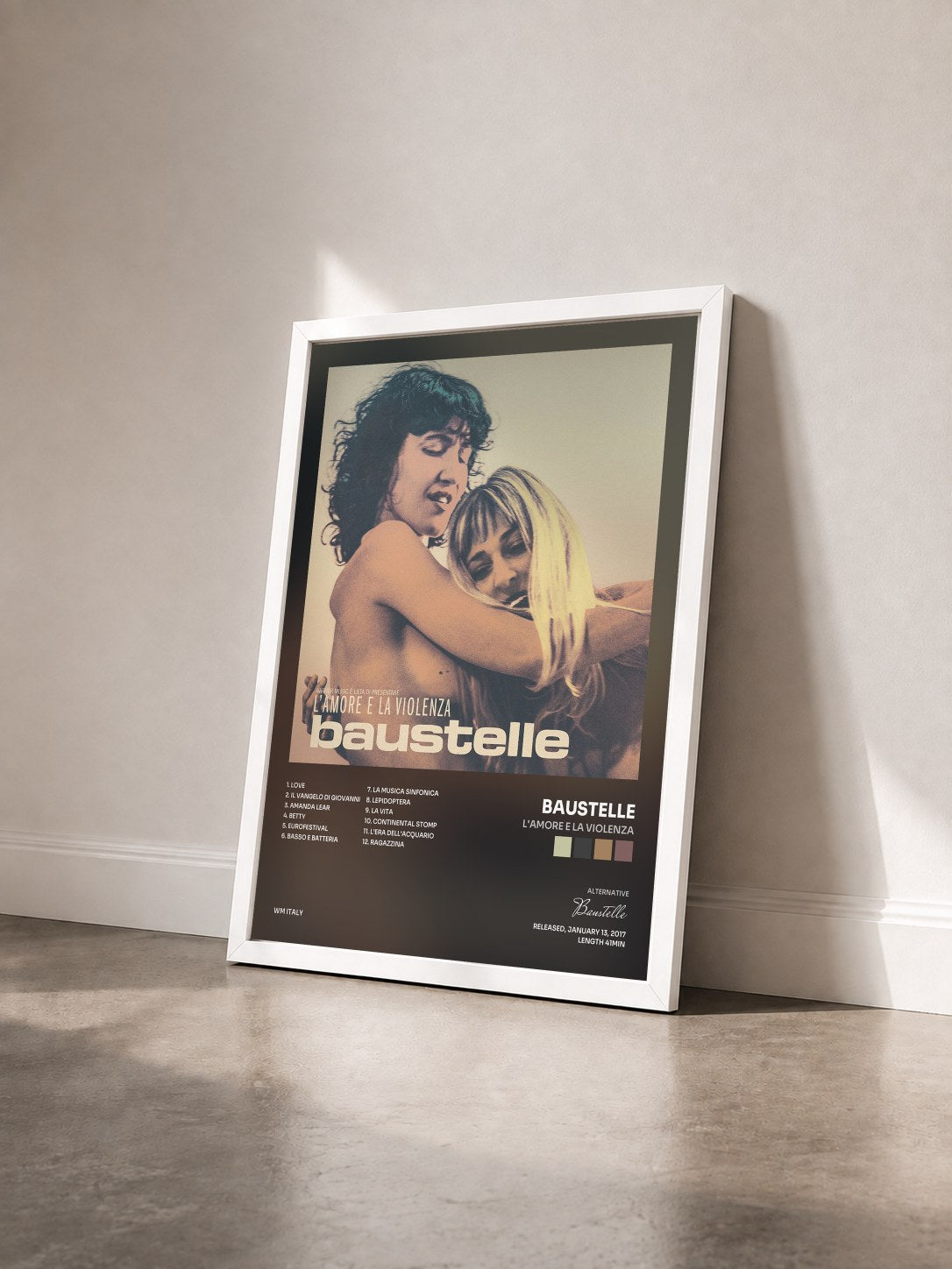 #blanc Tableau de l'album L'amore e la violenza de Baustelle vu de trois quarts, cadre blanc