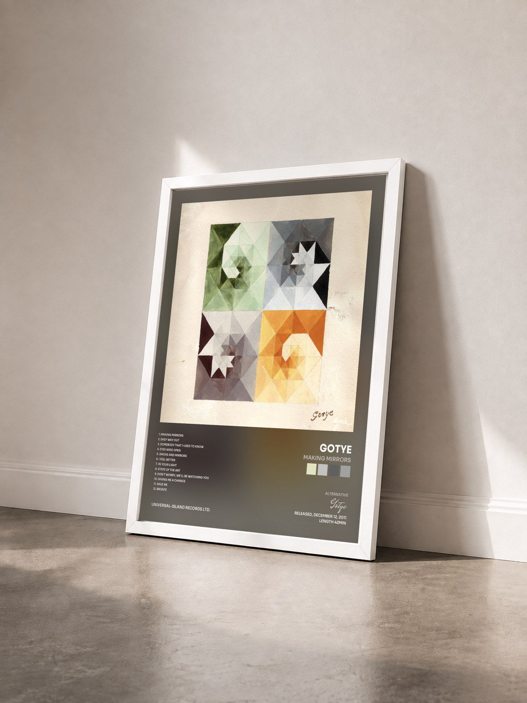 #blanc Tableau de l'album Making Mirrors de Gotye vu de trois quarts, cadre blanc