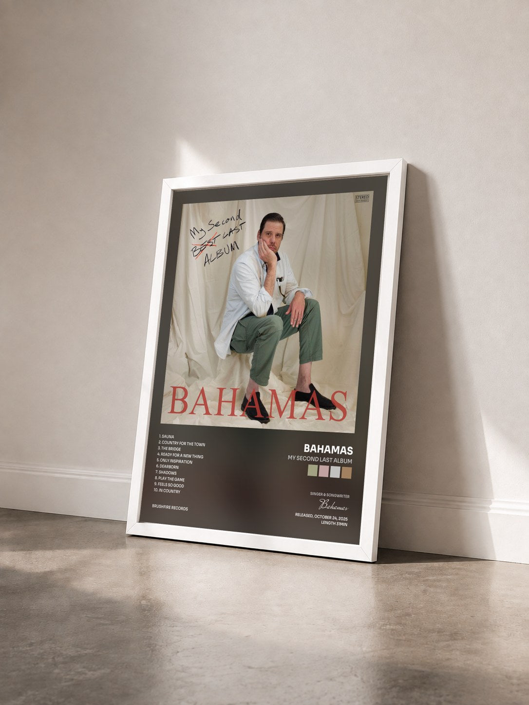 #blanc Tableau de l'album My Second Last Album de Bahamas vu de trois quarts, cadre blanc