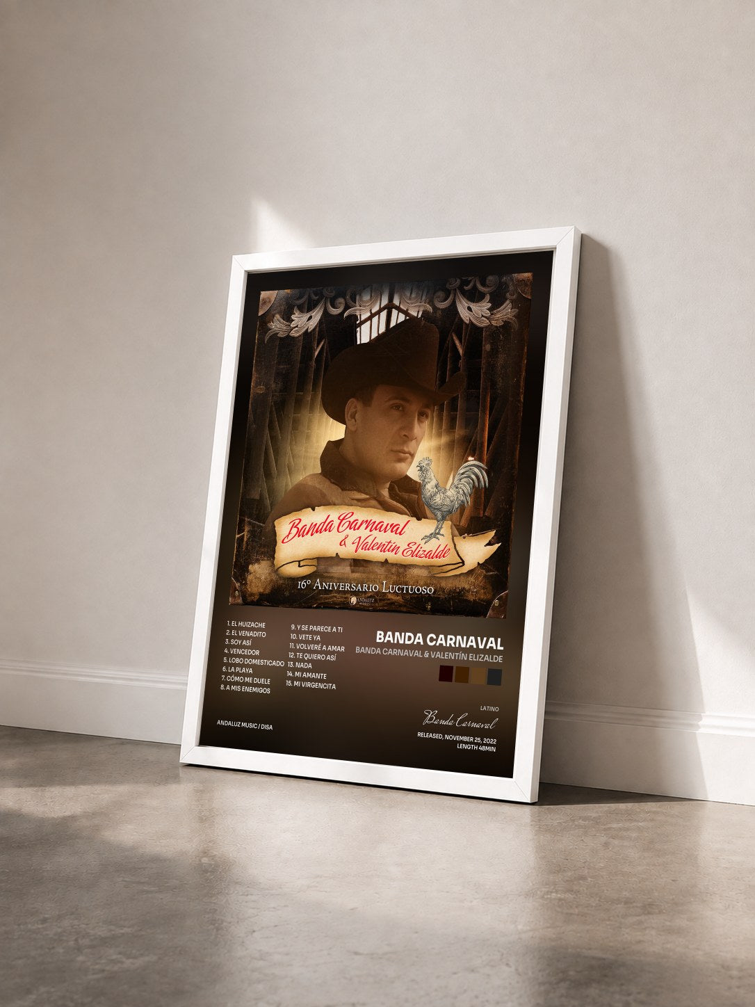 #blanc Tableau de l'album Banda Carnaval & Valentín Elizalde de Banda Carnaval vu de trois quarts, cadre blanc