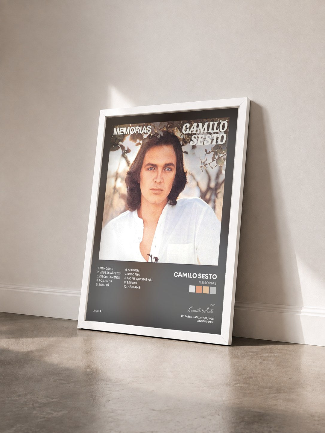 #blanc Tableau de l'album Memorias de Camilo Sesto vu de trois quarts, cadre blanc