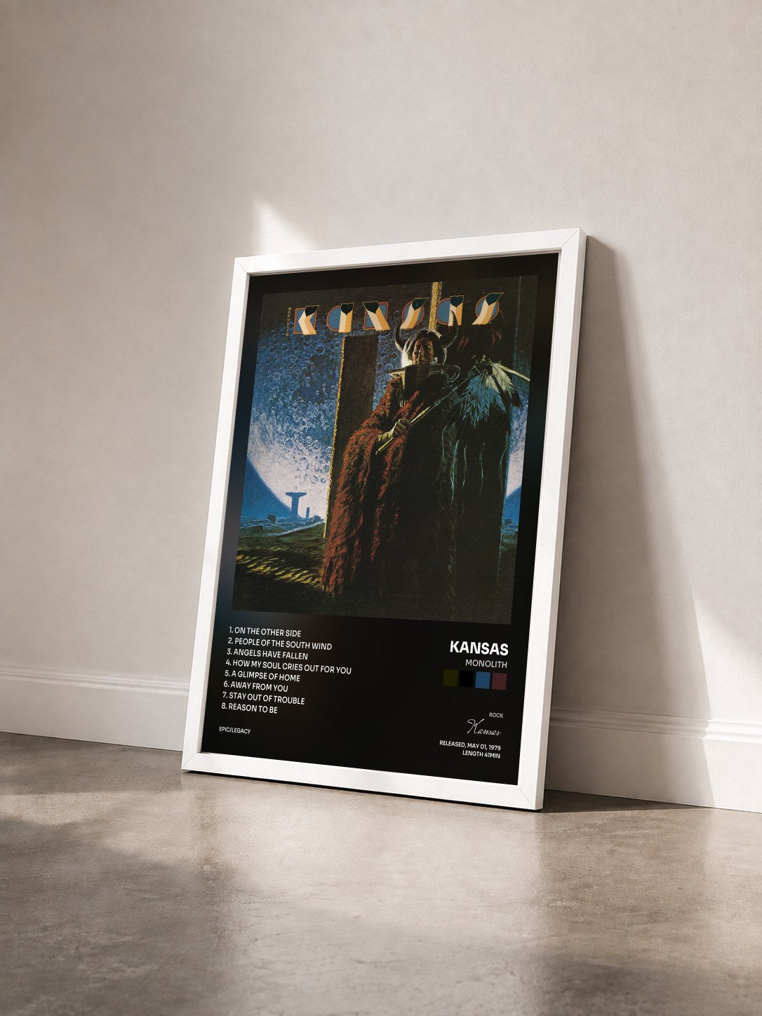 #blanc Tableau de l'album Monolith de Kansas vu de trois quarts, cadre blanc