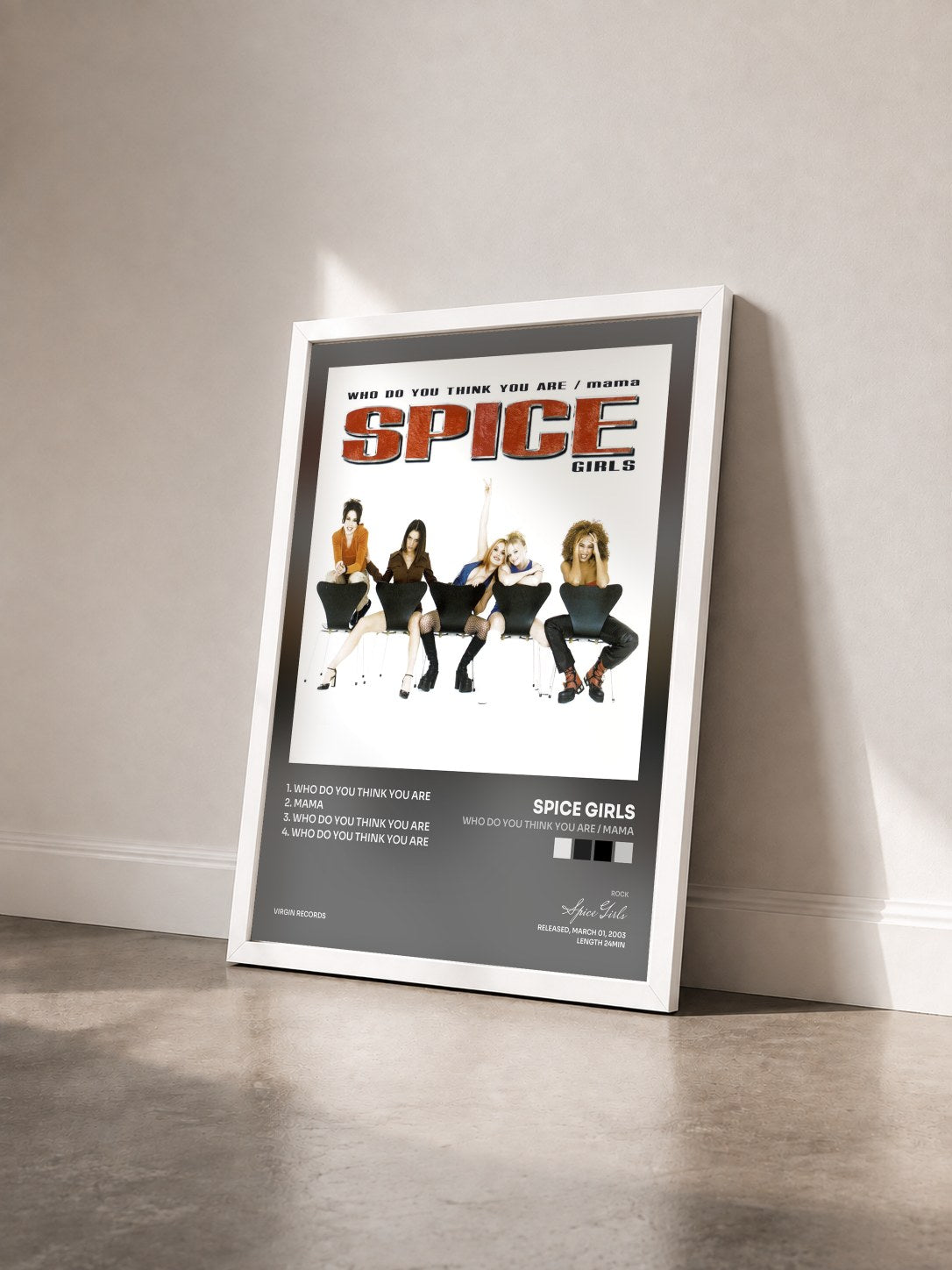 #blanc Tableau de l'album Who Do You Think You Are / Mama de Spice Girls vu de trois quarts, cadre blanc