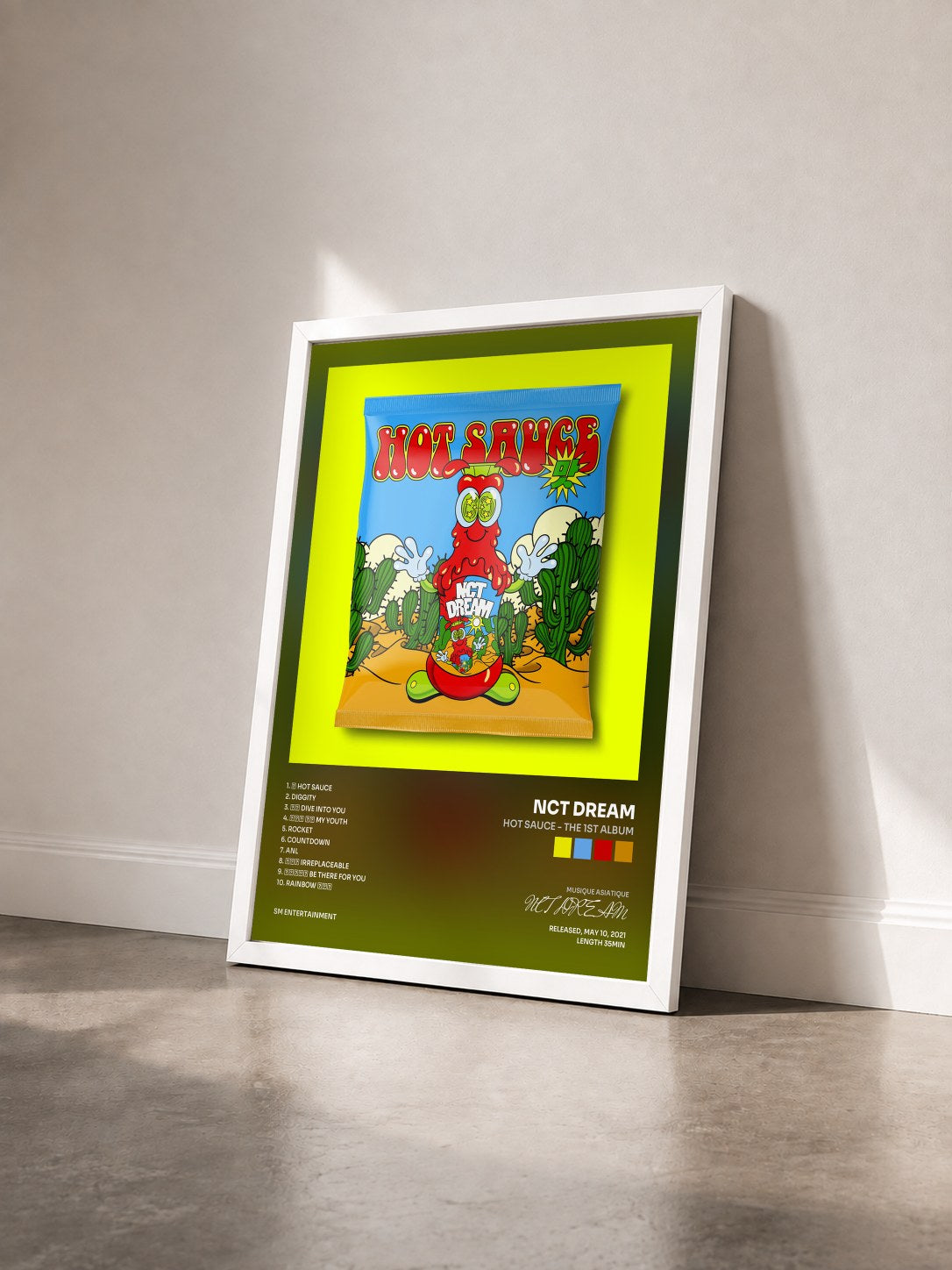 #blanc Tableau de l'album Hot Sauce - The 1st Album de NCT DREAM vu de trois quarts, cadre blanc