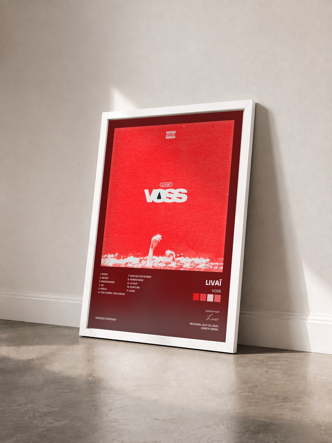 #blanc Tableau de l'album Voss de Livaï vu de trois quarts, cadre blanc