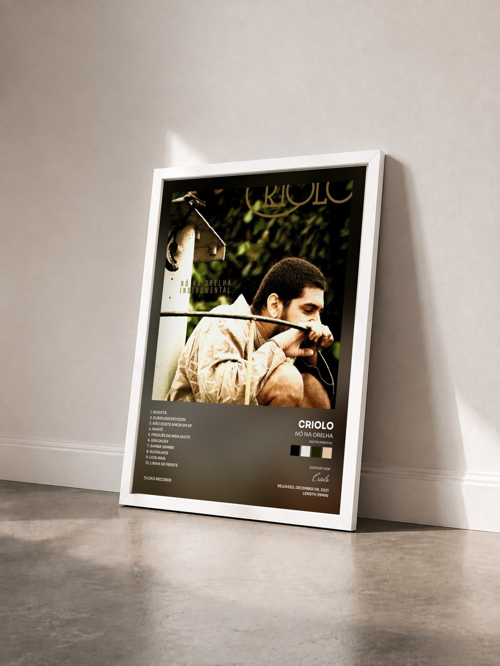 #blanc Tableau de l'album Nó na Orelha (Instrumental) de Criolo vu de trois quarts, cadre blanc