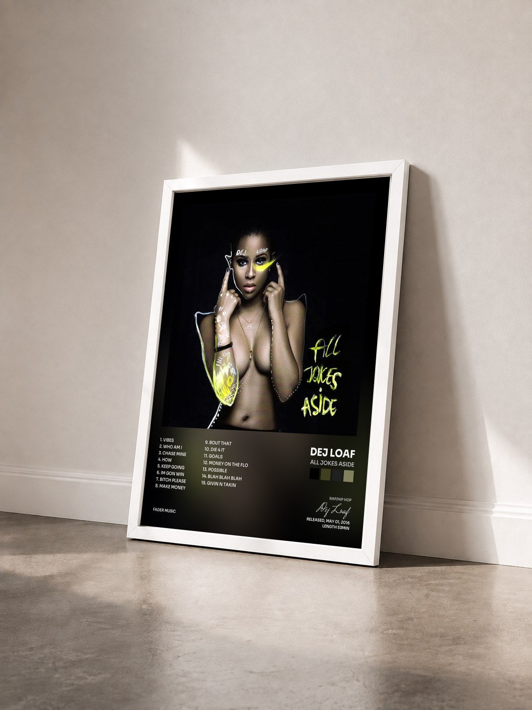 #blanc Tableau de l'album All Jokes Aside de Dej Loaf vu de trois quarts, cadre blanc