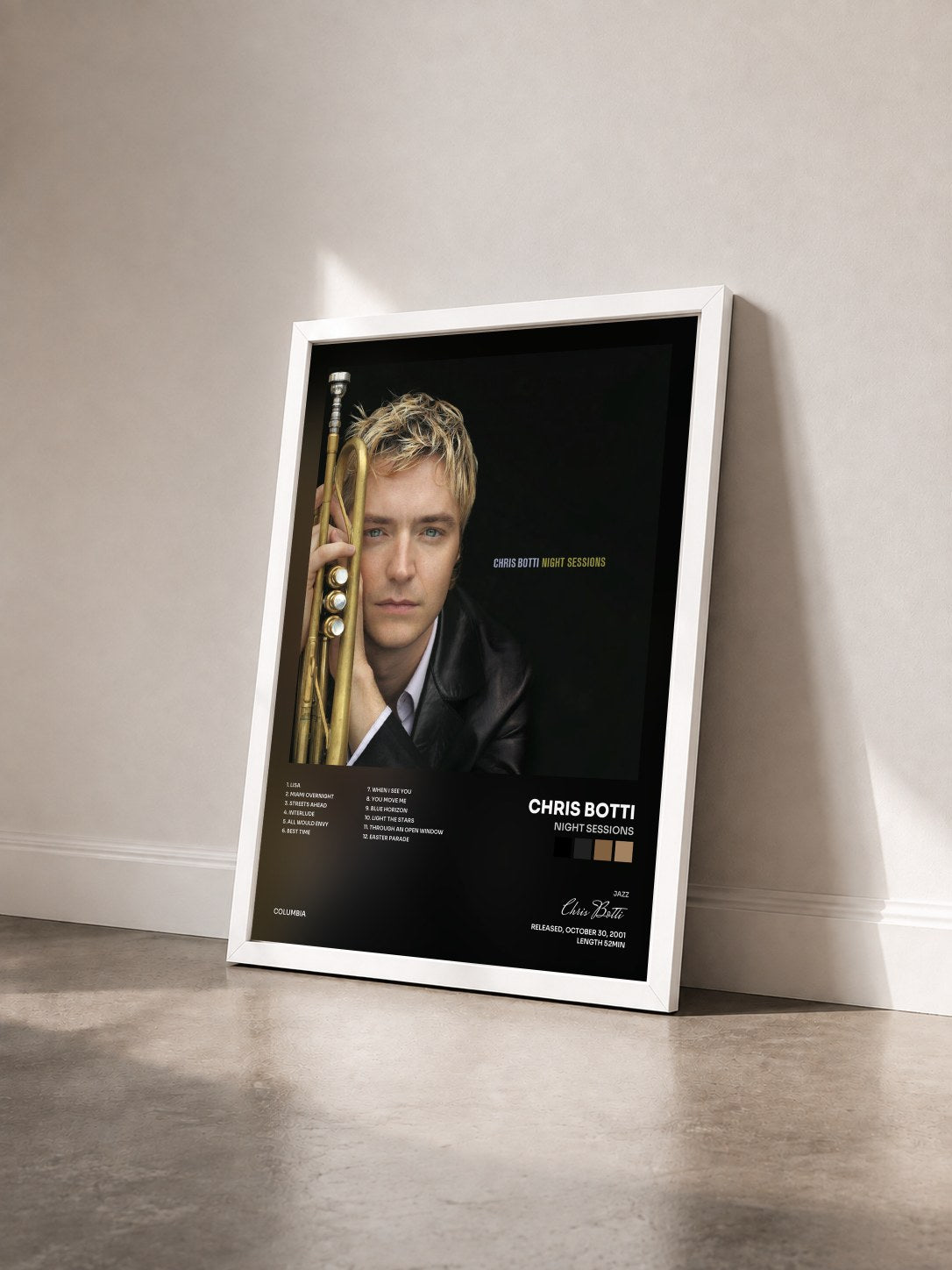 #blanc Tableau de l'album Night Sessions de Chris Botti vu de trois quarts, cadre blanc