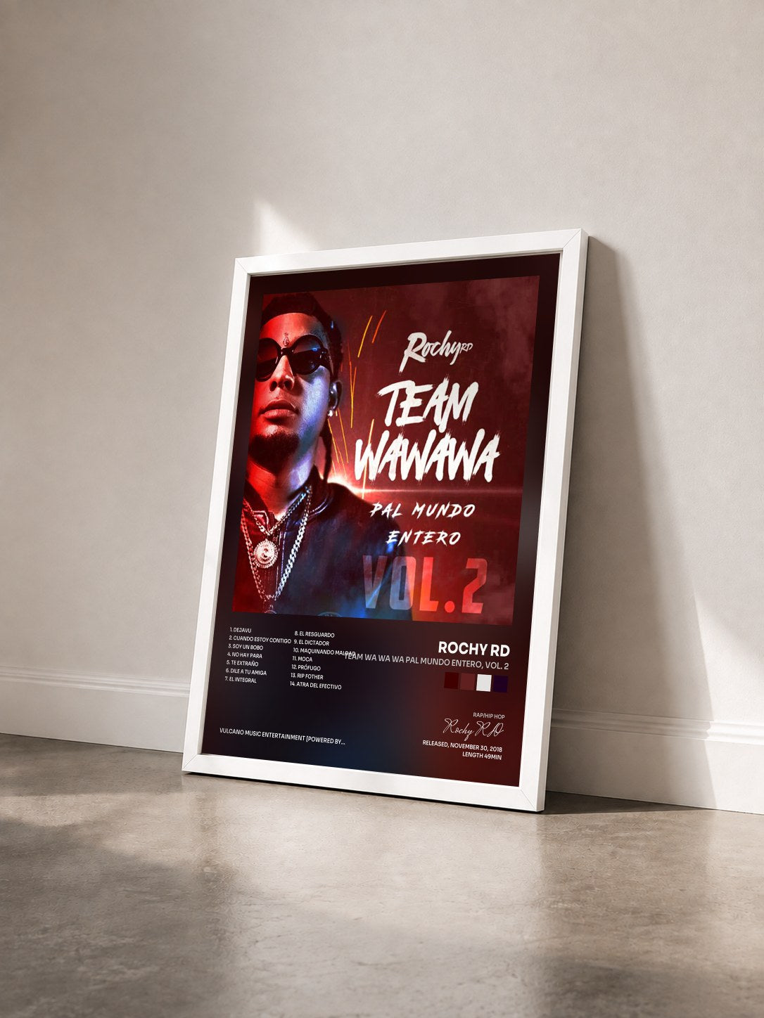 #blanc Tableau de l'album Team Wa Wa Wa Pal Mundo Entero, Vol. 2 de Rochy RD vu de trois quarts, cadre blanc