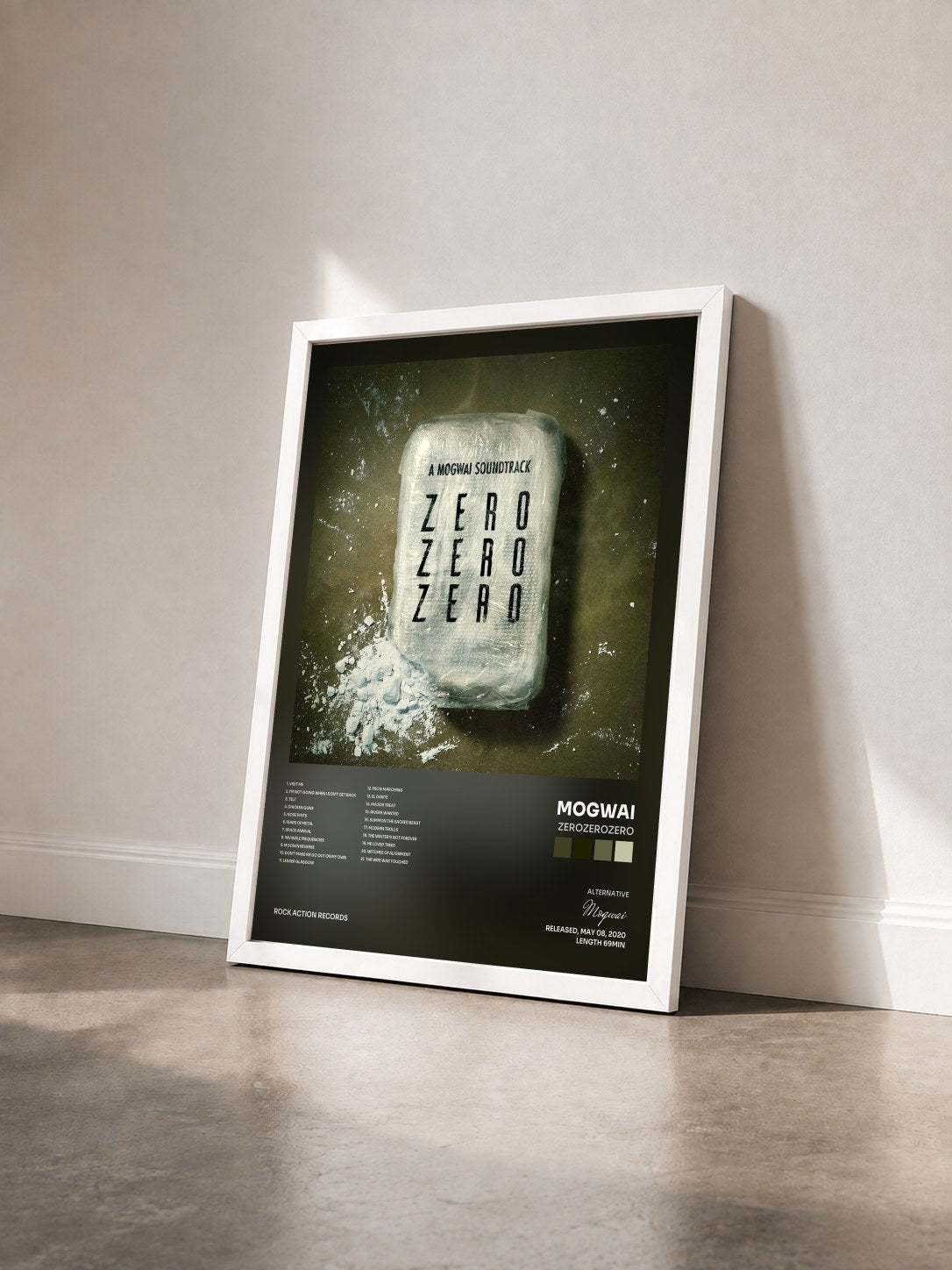 #blanc Tableau de l'album ZEROZEROZERO de Mogwai vu de trois quarts, cadre blanc