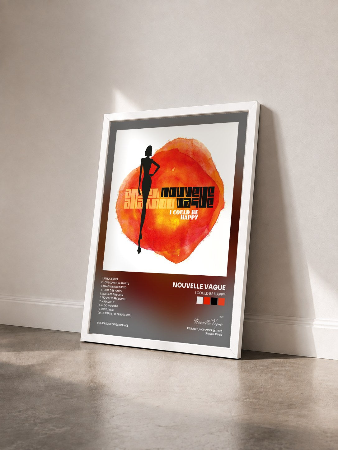 #blanc Tableau de l'album I Could Be Happy de Nouvelle Vague vu de trois quarts, cadre blanc