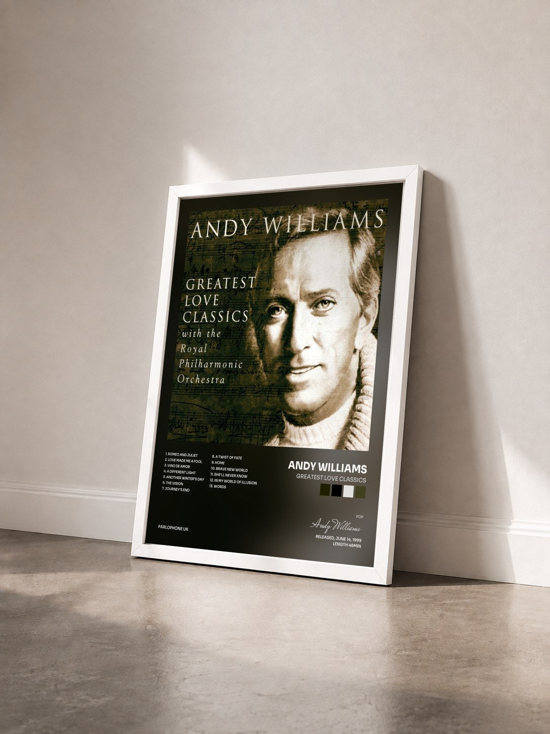 #blanc Tableau de l'album Greatest Love Classics de Andy Williams vu de trois quarts, cadre blanc