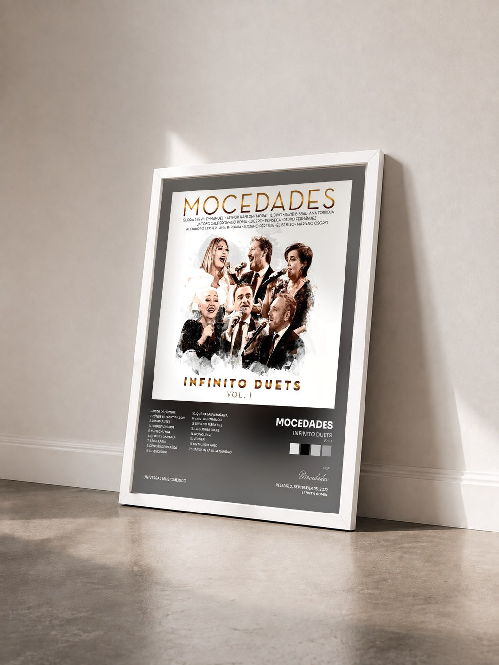#blanc Tableau de l'album Infinito Duets (Vol. 1) de Mocedades vu de trois quarts, cadre blanc