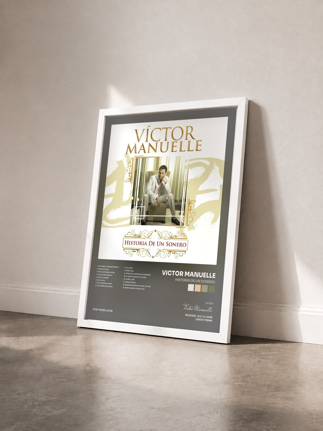 #blanc Tableau de l'album Historia De Un Sonero de Victor Manuelle vu de trois quarts, cadre blanc
