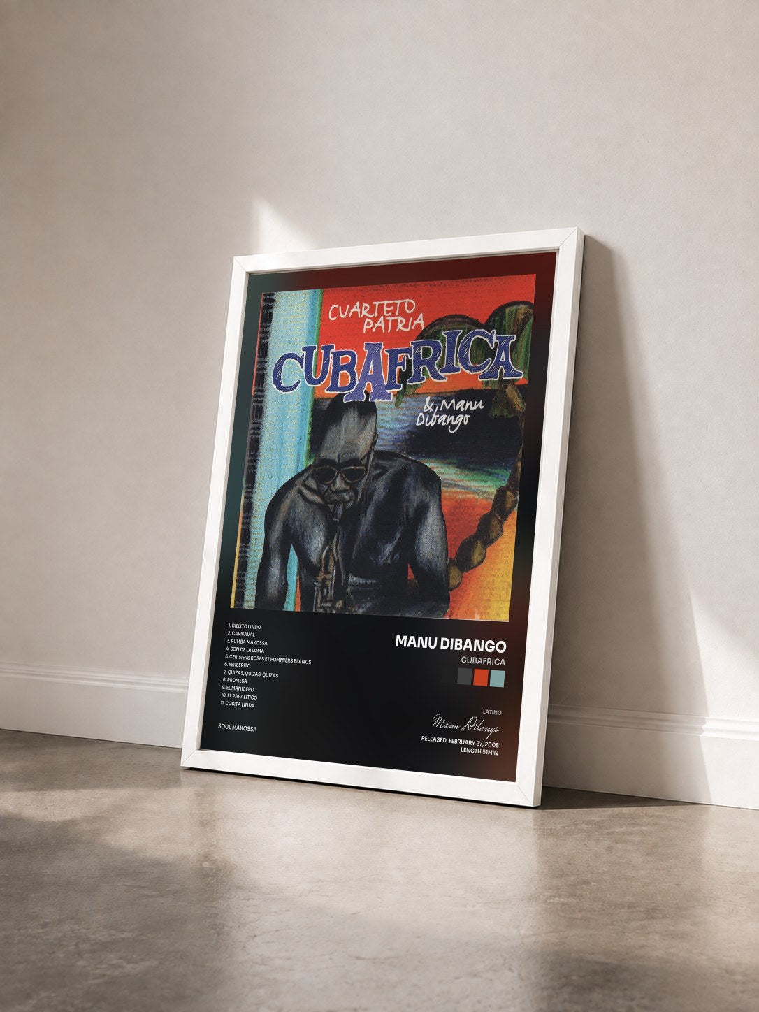 #blanc Tableau de l'album Cubafrica de Manu Dibango vu de trois quarts, cadre blanc