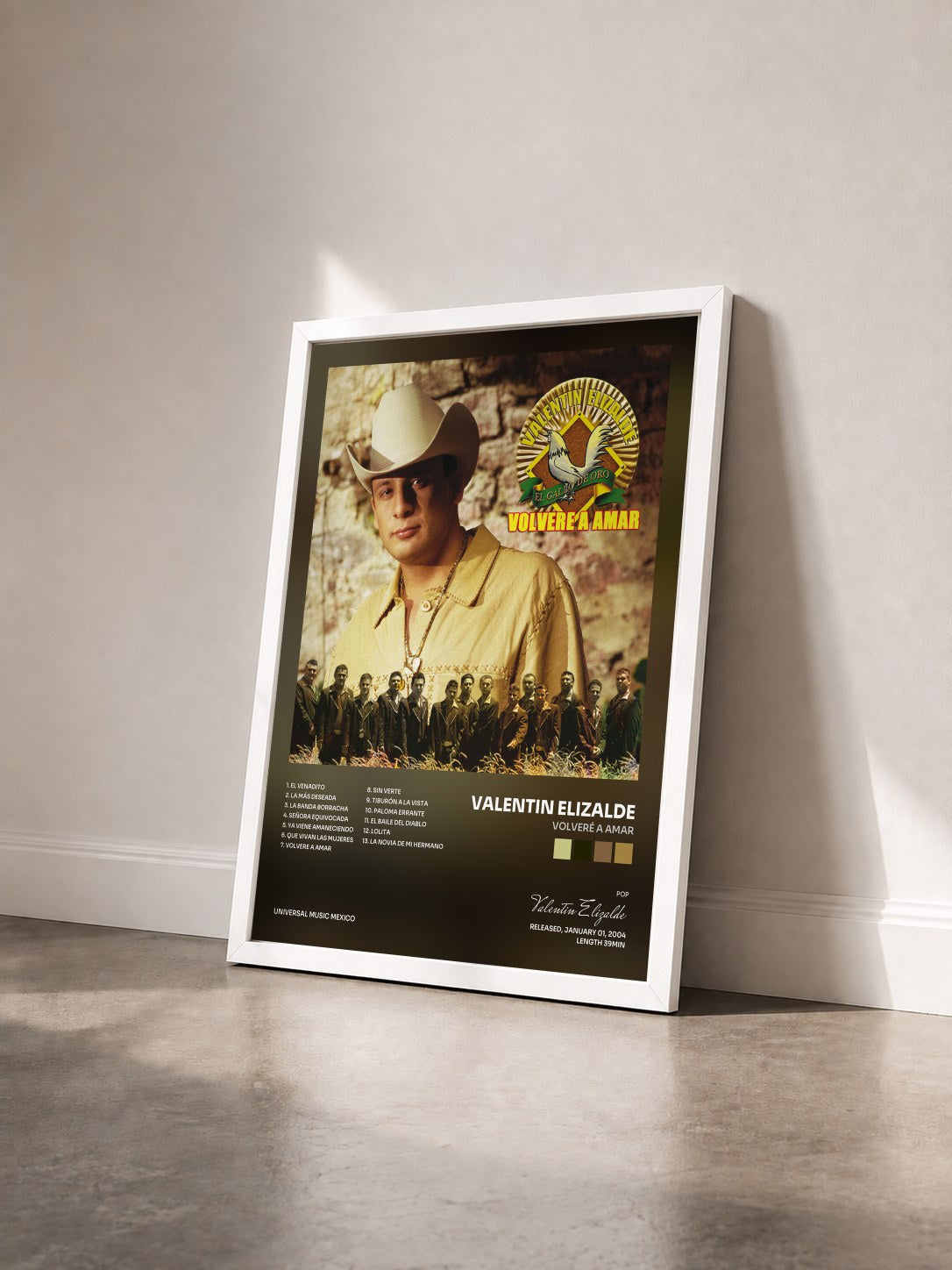 #blanc Tableau de l'album Volveré a Amar de Valentin Elizalde vu de trois quarts, cadre blanc
