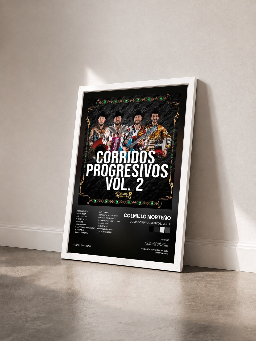 #blanc Tableau de l'album Corridos Progresivos, Vol. 2 de Colmillo Norteño vu de trois quarts, cadre blanc