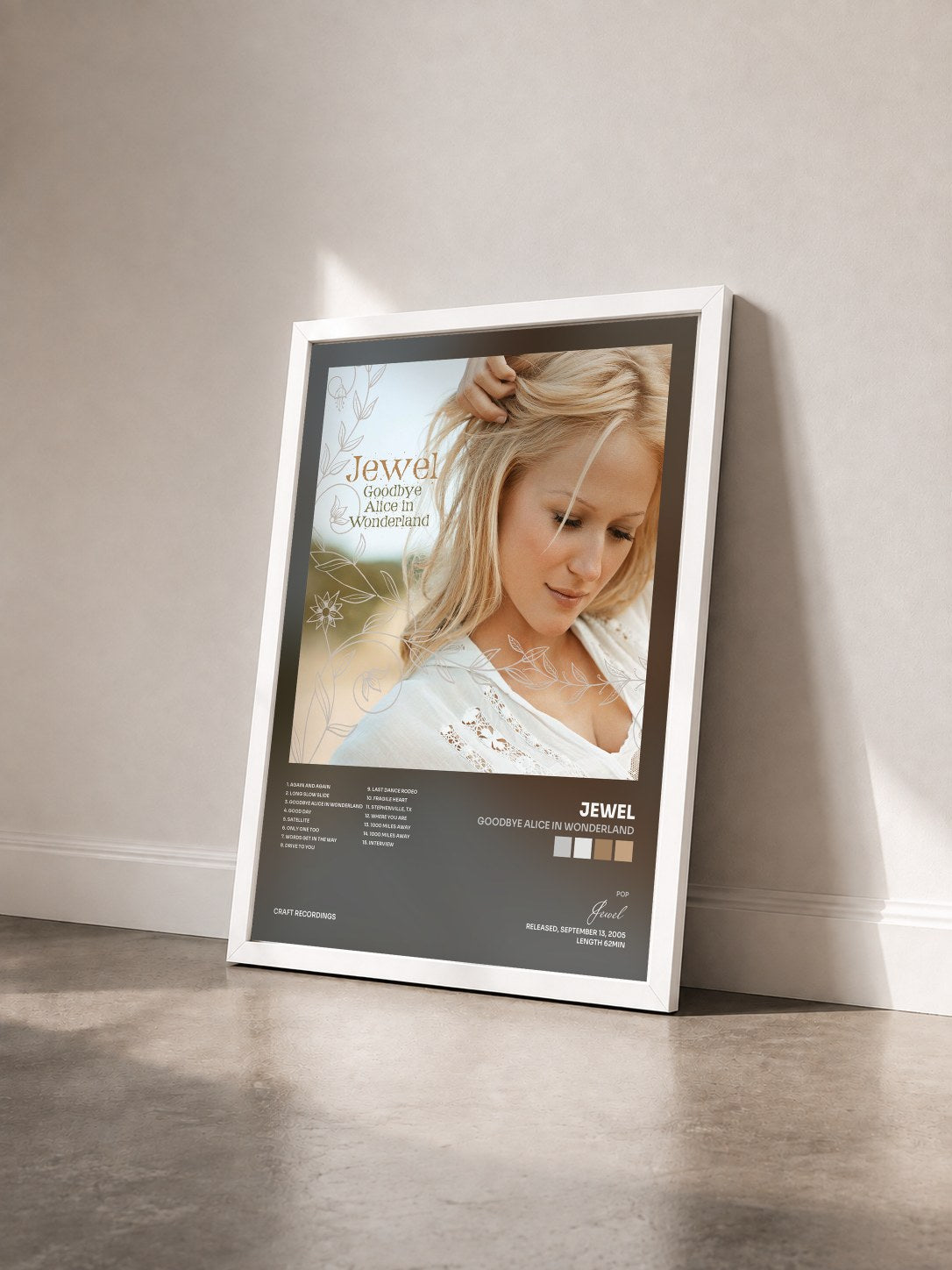 #blanc Tableau de l'album Goodbye Alice In Wonderland de Jewel vu de trois quarts, cadre blanc