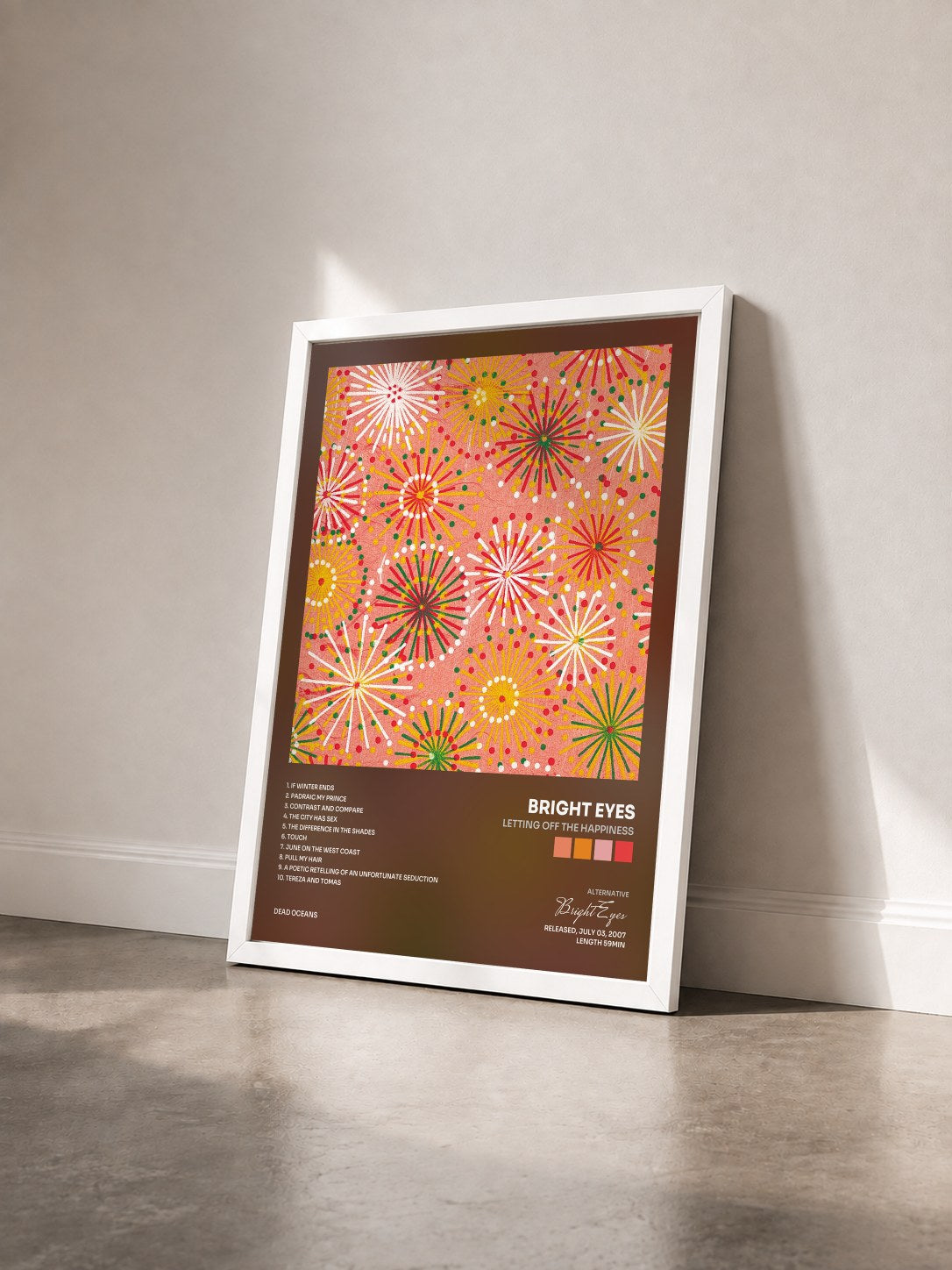 #blanc Tableau de l'album Letting Off The Happiness de Bright Eyes vu de trois quarts, cadre blanc