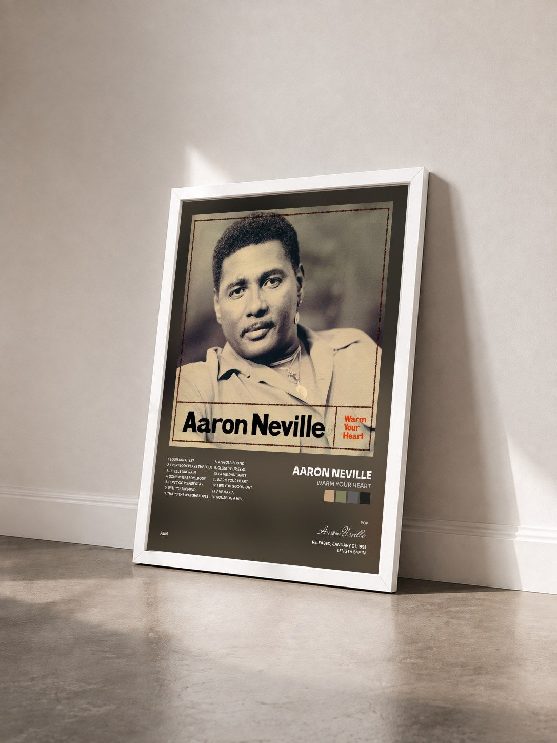 #blanc Tableau de l'album Warm Your Heart de Aaron Neville vu de trois quarts, cadre blanc