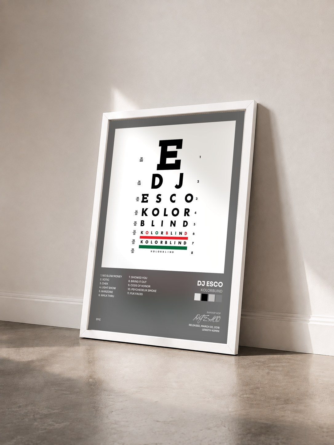 #blanc Tableau de l'album KOLORBLIND de DJ ESCO vu de trois quarts, cadre blanc