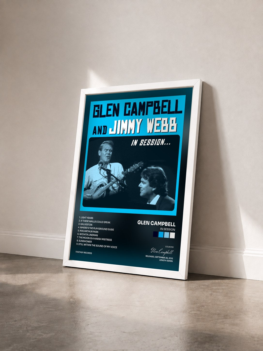 #blanc Tableau de l'album In Session de Glen Campbell vu de trois quarts, cadre blanc
