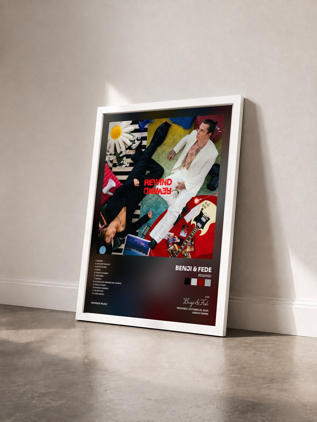 #blanc Tableau de l'album REWIND de Benji & Fede vu de trois quarts, cadre blanc