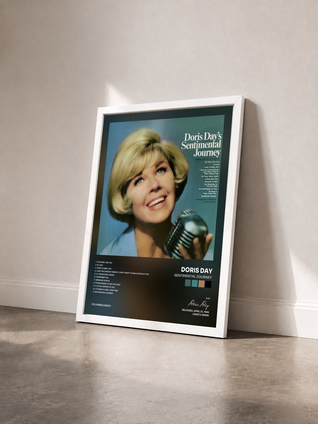 #blanc Tableau de l'album Sentimental Journey de Doris Day vu de trois quarts, cadre blanc