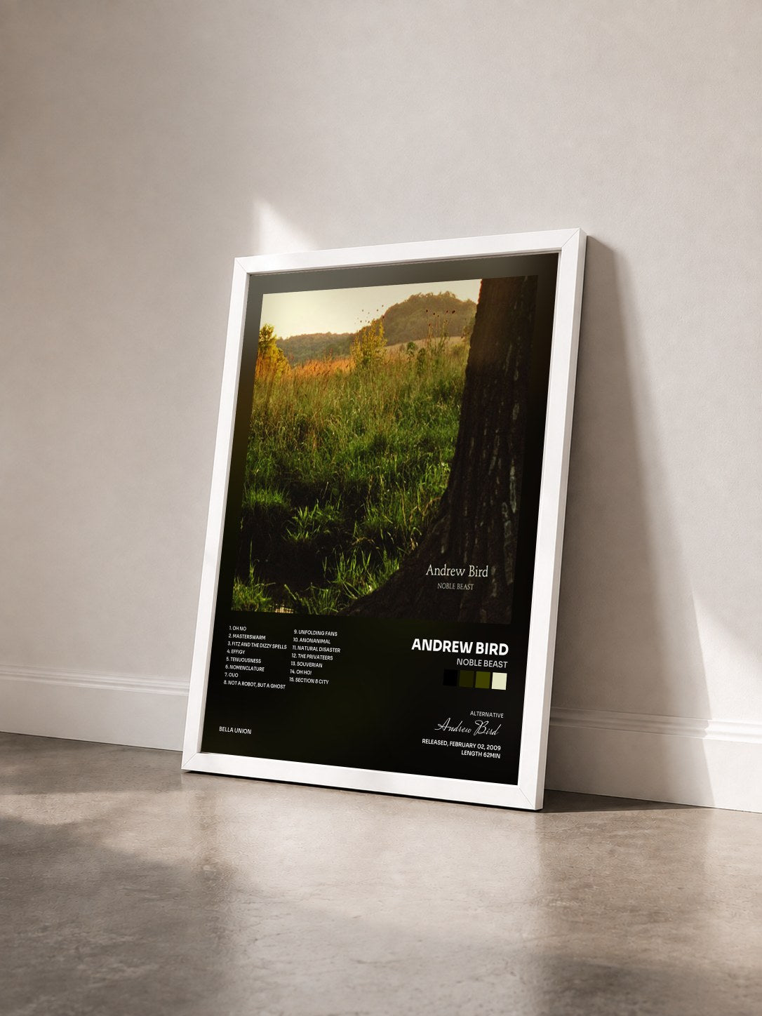 #blanc Tableau de l'album Noble Beast de Andrew Bird vu de trois quarts, cadre blanc