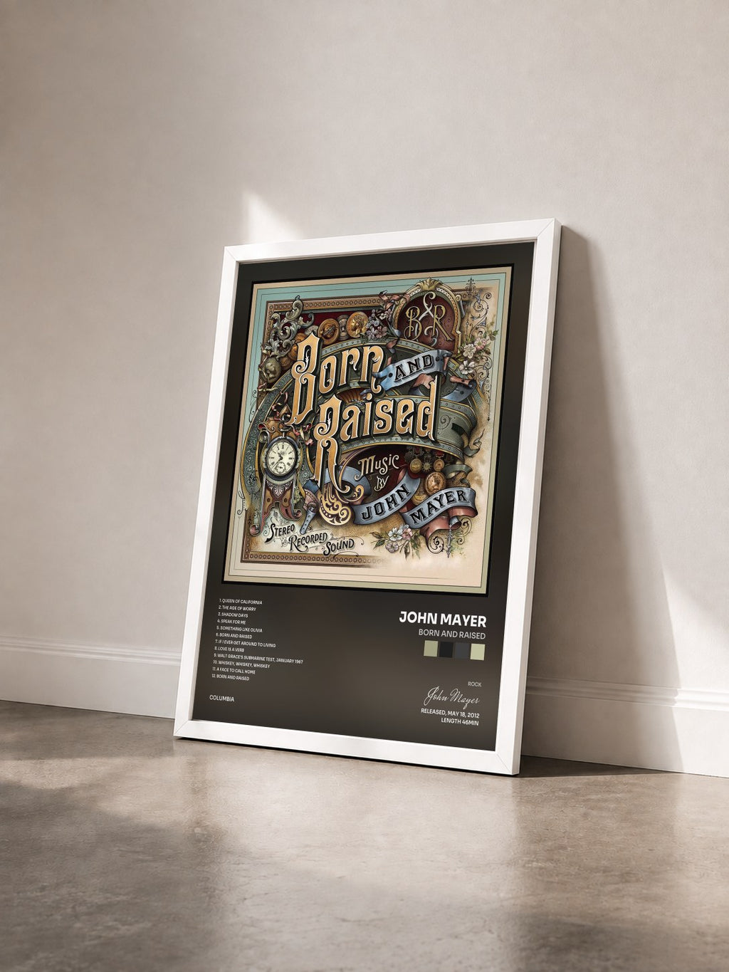 #blanc Tableau de l'album Born and Raised de John Mayer vu de trois quarts, cadre blanc