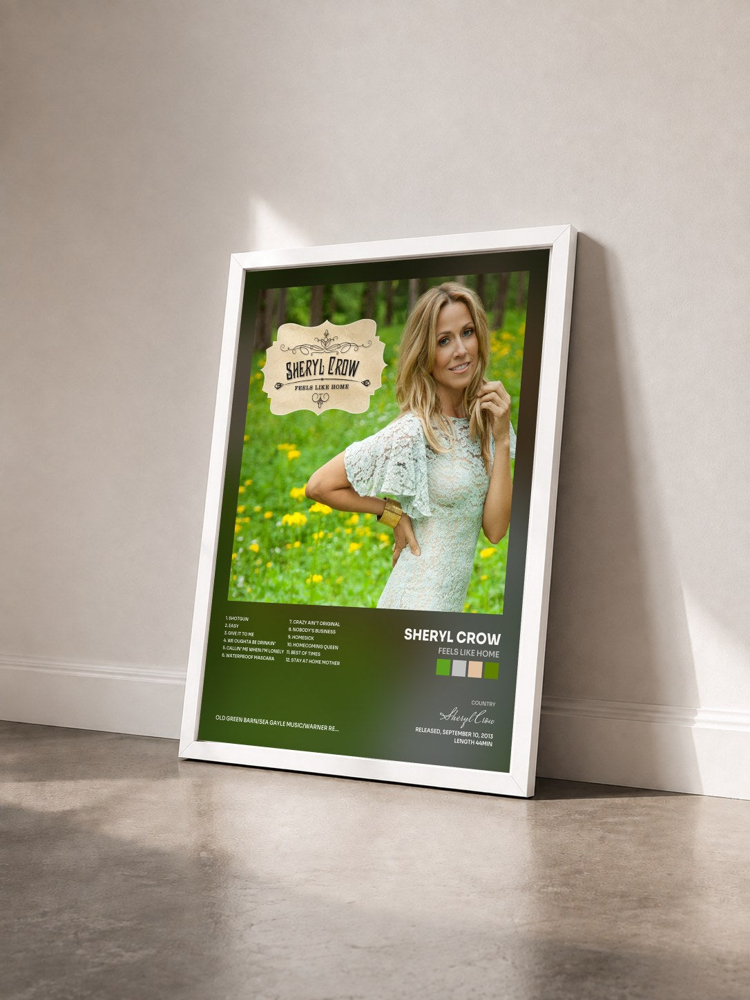 #blanc Tableau de l'album Feels Like Home de Sheryl Crow vu de trois quarts, cadre blanc