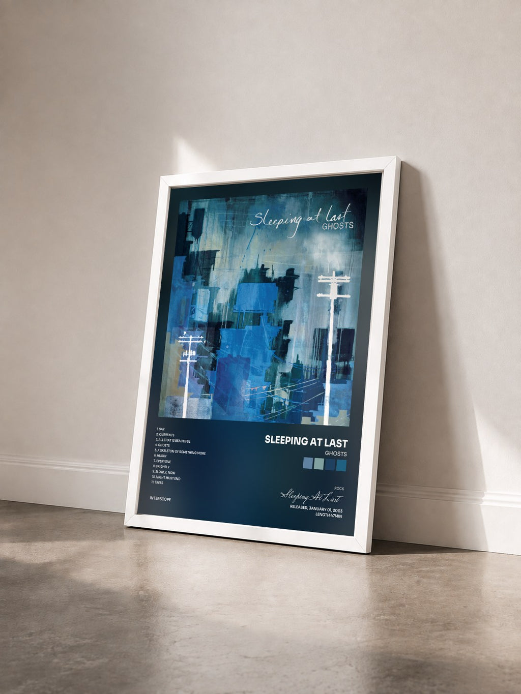 #blanc Ghosts by Sleeping At Last as a framed art print seen at an angle, white frame
