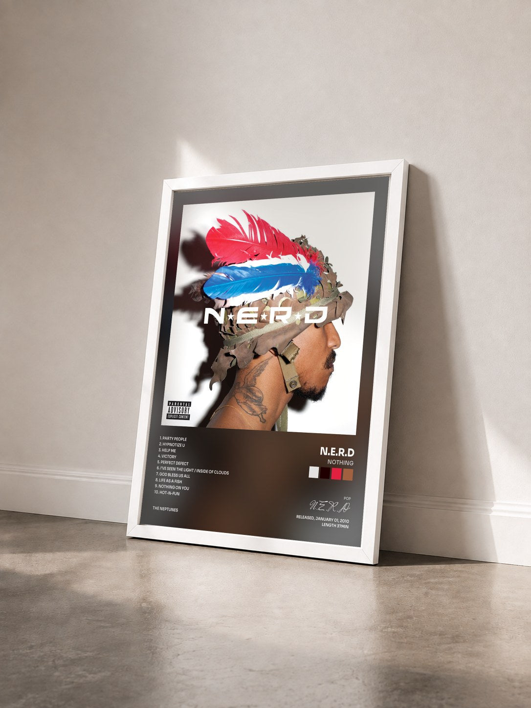 #blanc Tableau de l'album Nothing de N.E.R.D vu de trois quarts, cadre blanc