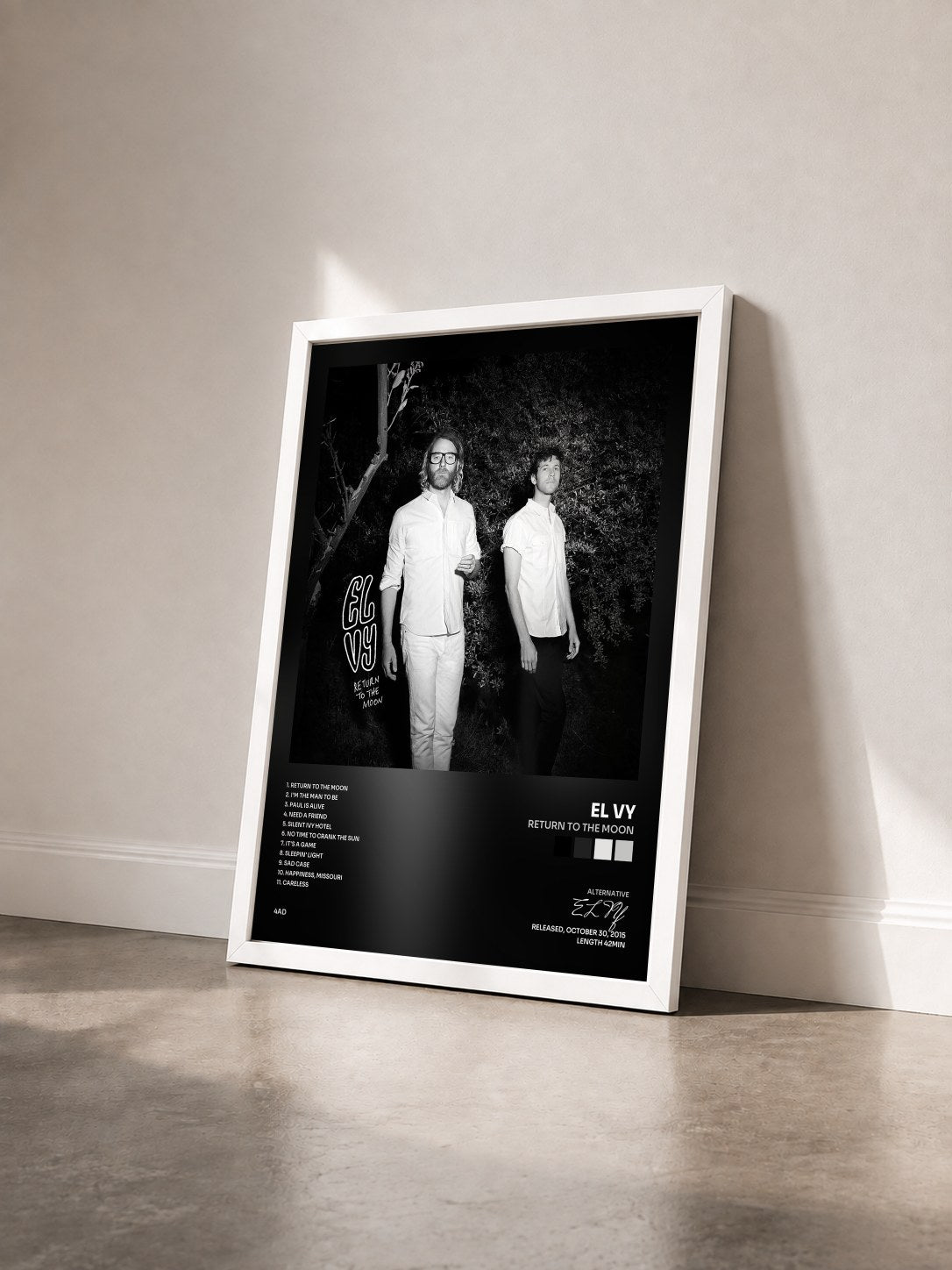 #blanc Tableau de l'album Return to the Moon de EL VY vu de trois quarts, cadre blanc