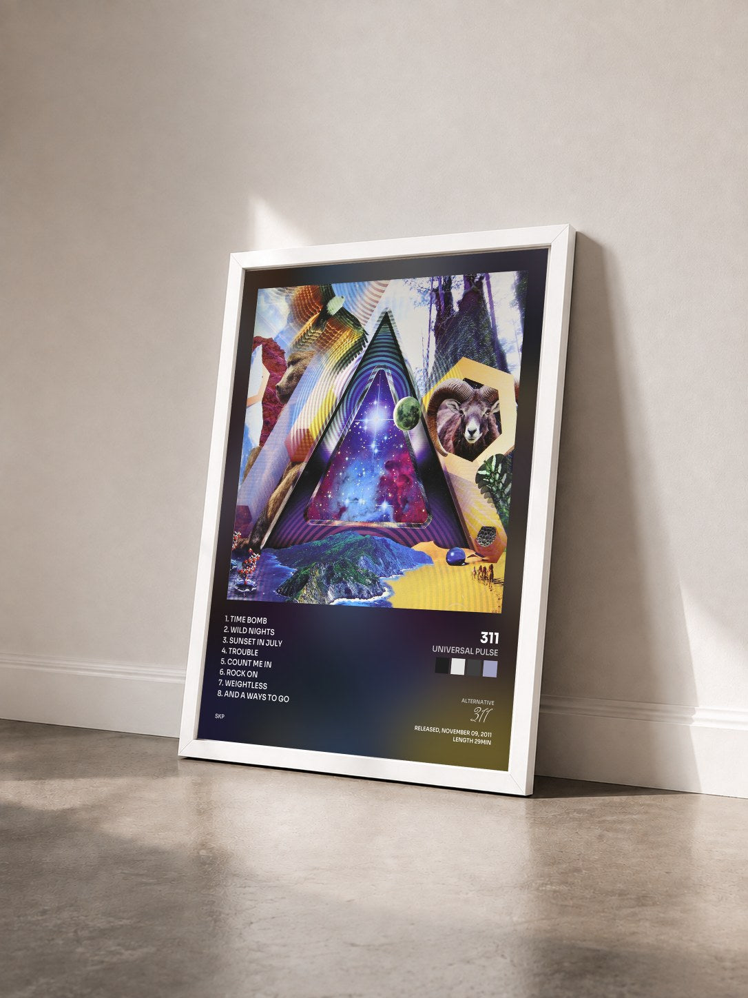 #blanc Tableau de l'album Universal Pulse de 311 vu de trois quarts, cadre blanc