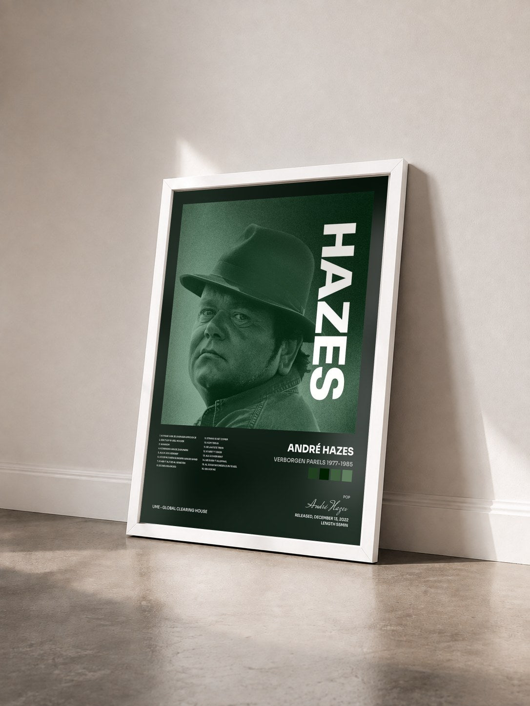 #blanc Tableau de l'album Verborgen Parels 1977-1985 de André Hazes vu de trois quarts, cadre blanc