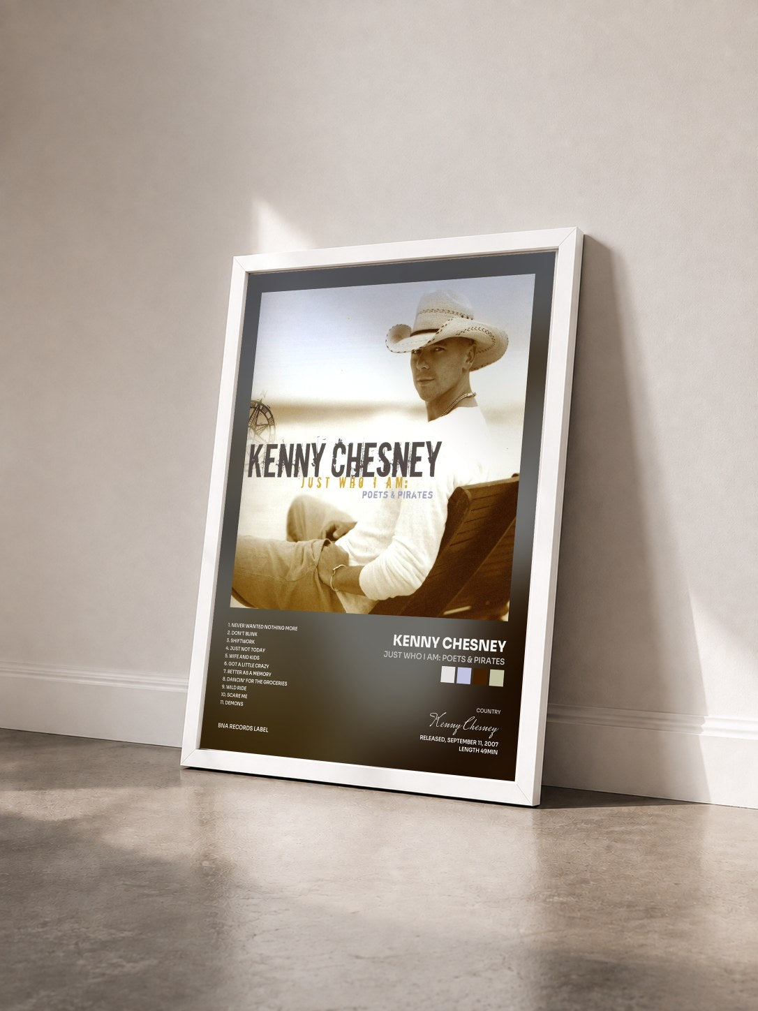 #blanc Tableau de l'album Just Who I Am: Poets & Pirates de Kenny Chesney vu de trois quarts, cadre blanc