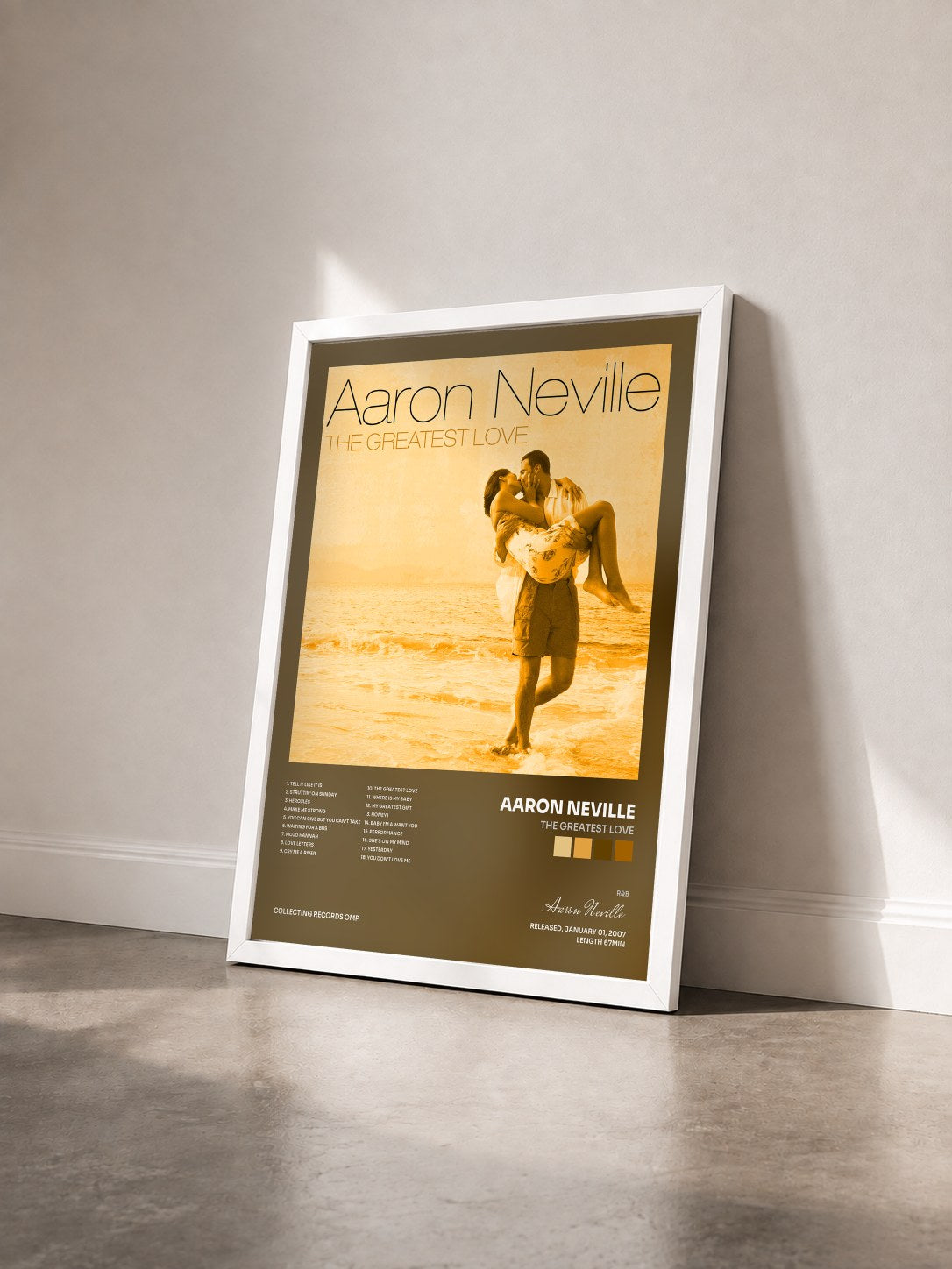 #blanc Tableau de l'album The Greatest Love de Aaron Neville vu de trois quarts, cadre blanc