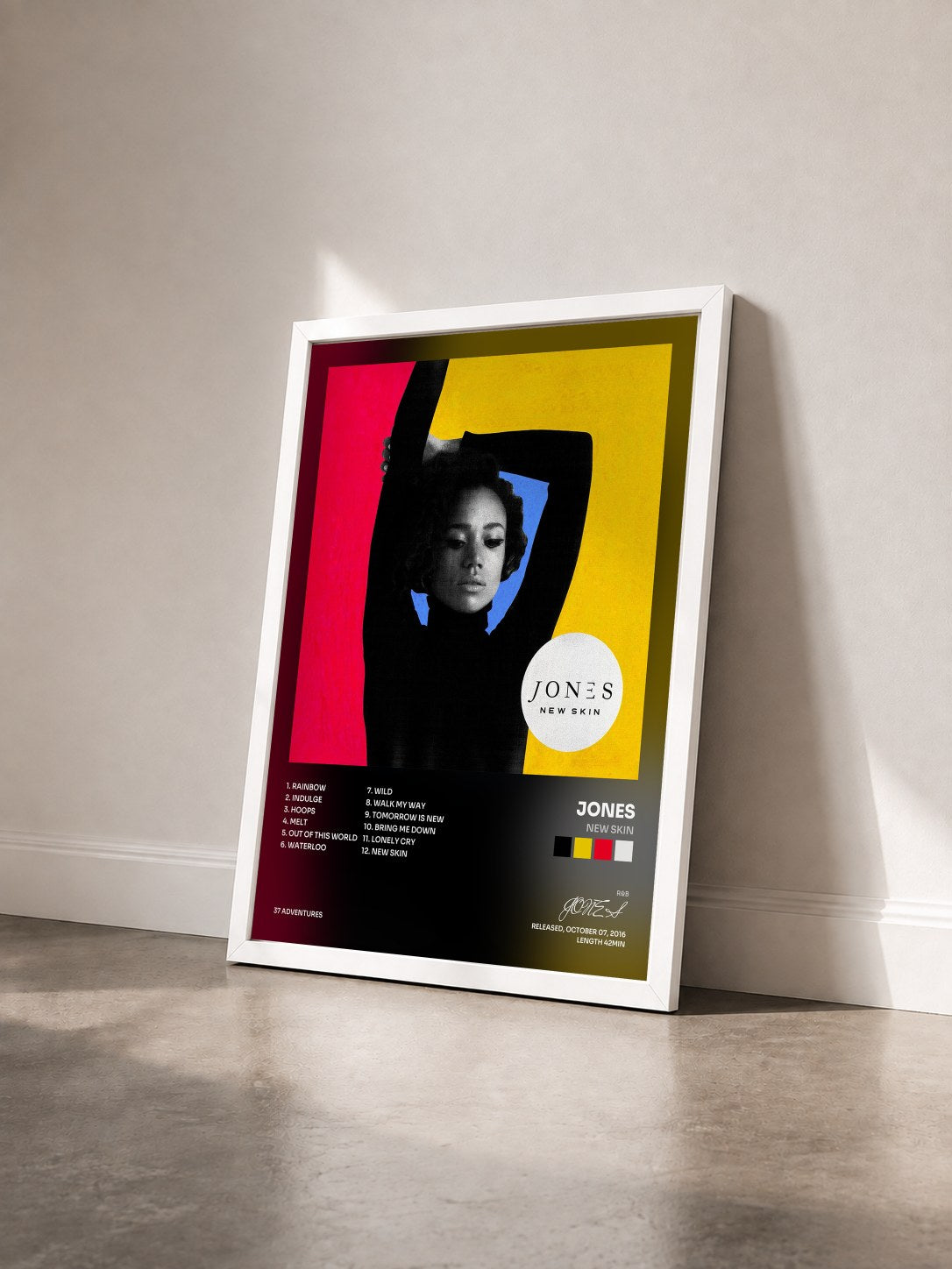 #blanc Tableau de l'album New Skin de JONES vu de trois quarts, cadre blanc