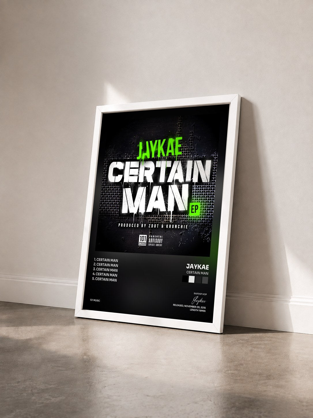 #blanc Tableau de l'album Certain Man de Jaykae vu de trois quarts, cadre blanc