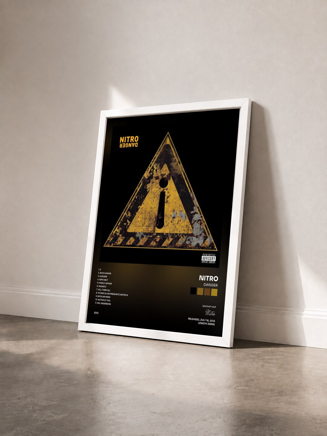 #blanc Tableau de l'album Danger de Nitro vu de trois quarts, cadre blanc
