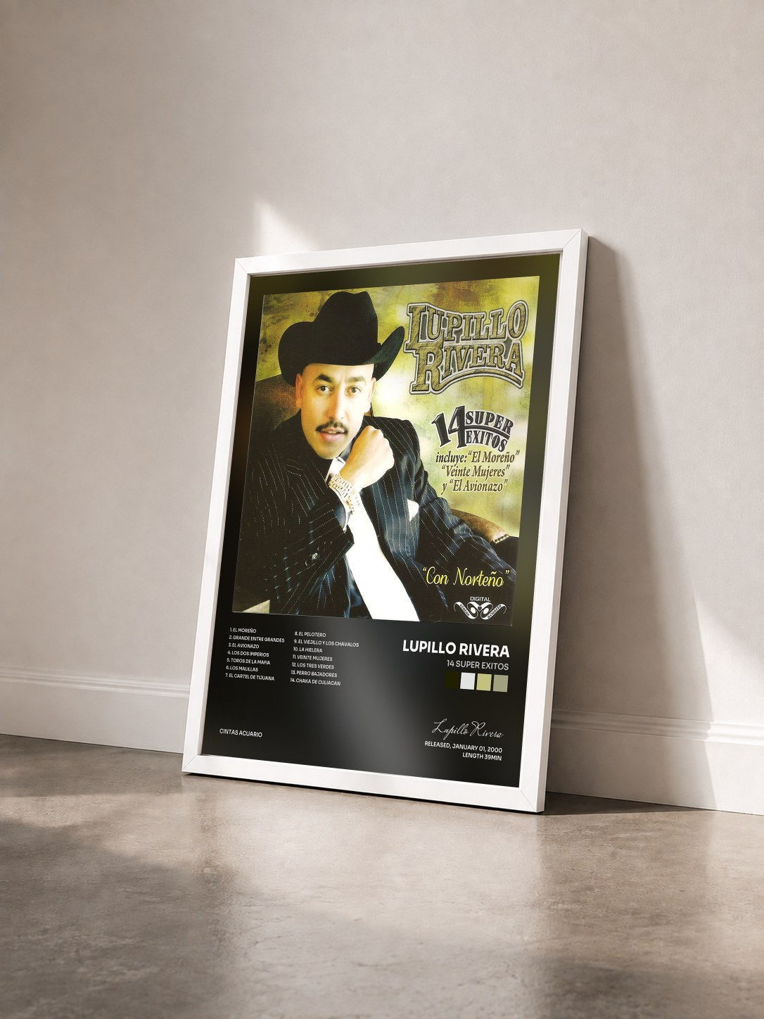 #blanc Tableau de l'album 14 Super Exitos de Lupillo Rivera vu de trois quarts, cadre blanc