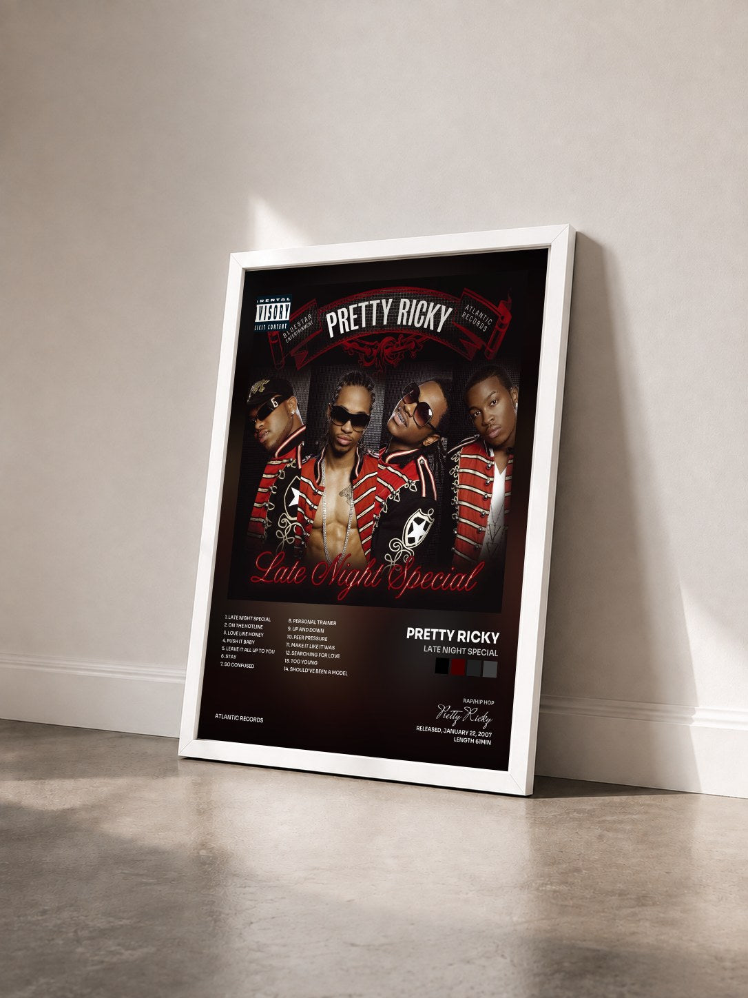 #blanc Tableau de l'album Late Night Special de Pretty Ricky vu de trois quarts, cadre blanc