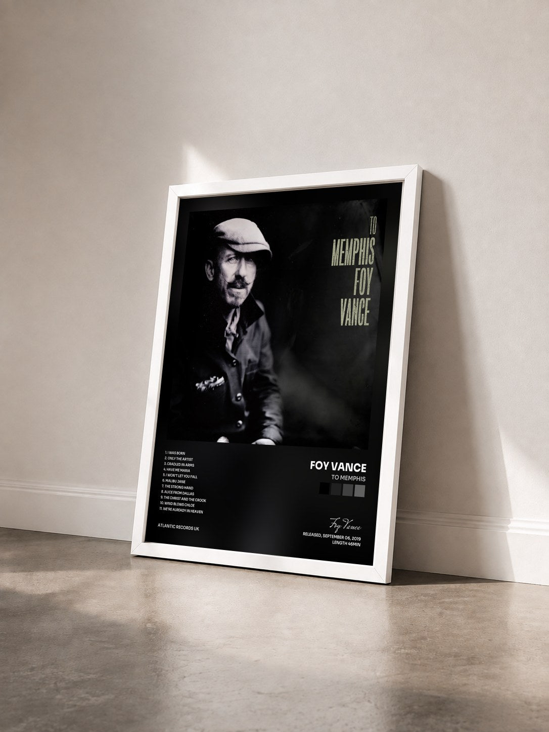 #blanc Tableau de l'album To Memphis de Foy Vance vu de trois quarts, cadre blanc