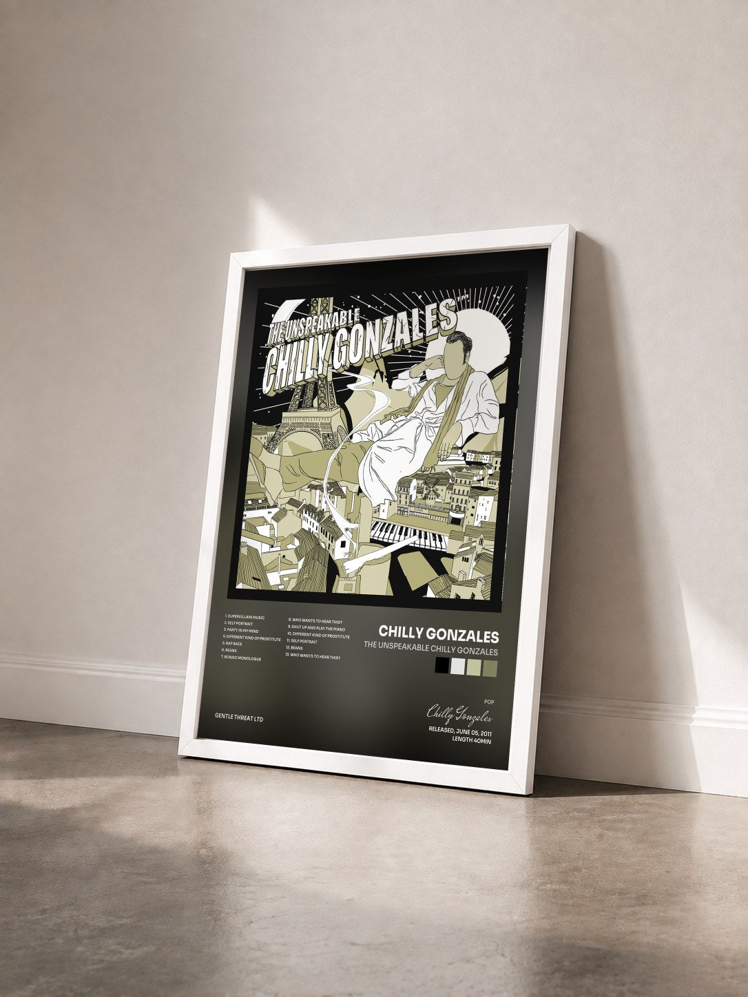 #blanc Tableau de l'album The Unspeakable Chilly Gonzales de Chilly Gonzales vu de trois quarts, cadre blanc